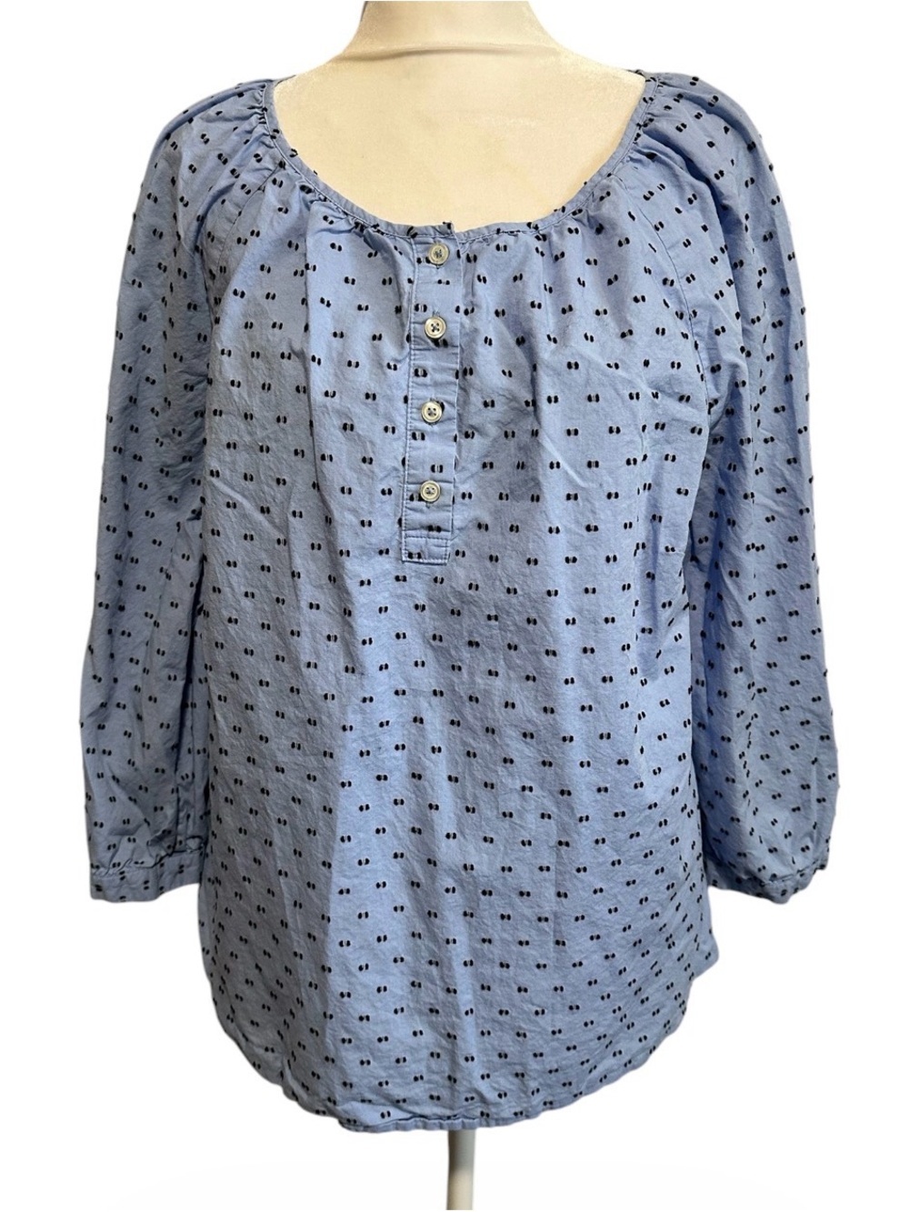 Talbots light Blue Button Henley Peasant Blouse with Black Dot Pattern size L